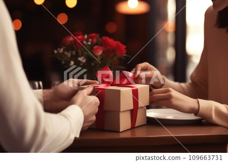 Happy man giving red present to woman. Valentine day. Christmas time. Generative AI. 109663731