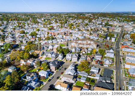 Residential area small countryside American town in landscape private houses in New Jersey state 109664207