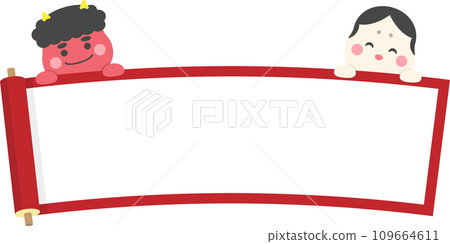 Setsubun demon and Otafuku Japanese scroll frame, red Setsubun demon and Otafuku Japanese scroll frame, red 109664611