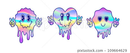 Set of melting hearts and melting emoji in cartoon style. Line art style. Set of melting hearts and melting emoji in cartoon style. Line art style. 109664629