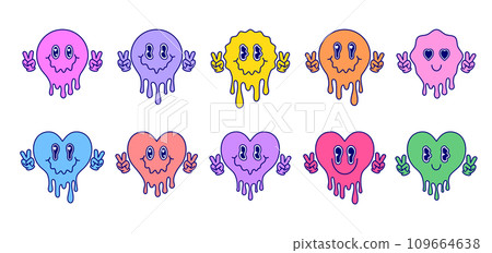 Set of melting hearts and melting emoji in cartoon style. Line art style. Set of melting hearts and melting emoji in cartoon style. Line art style. 109664638