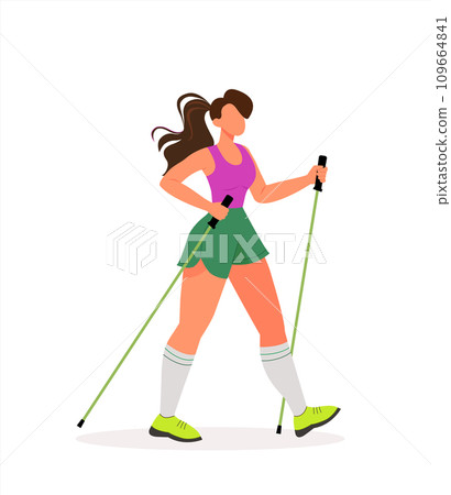 Young woman doing Nordic walking. Flat vector illustration. Active healthy lifestyle Young woman doing Nordic walking. Flat vector illustration. Active healthy lifestyle 109664841