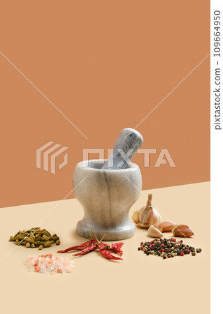 Natural stone mortar and pestle surrounded with spice 109664950