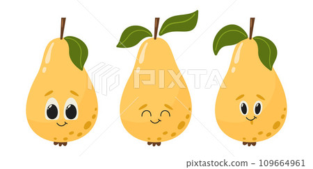 Pear fruit characters with face. Summer set vitamin vector illustration isolated on white. Cartoon flat style 109664961