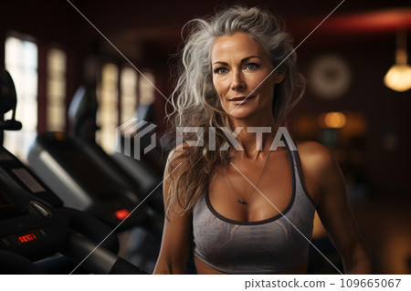 Beautiful confident senior woman in sportswear smiling happily at gym, healthy lifestyle and maintaining wellness for older adults concept. Generative AI 109665067