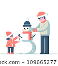 Father with child building snowman outdoors. Parents and kid spending time outside playing together. Wintertime leisure and activities. Xmas and new year holidays. Vector in flat style 109665277