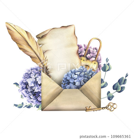 Craft envelope with a sheet of parchment with a gold lock, key and feather, with hydrangea flowers and eucalyptus. Hand drawn watercolor illustration. Isolated blank for text on a white background. 109665361