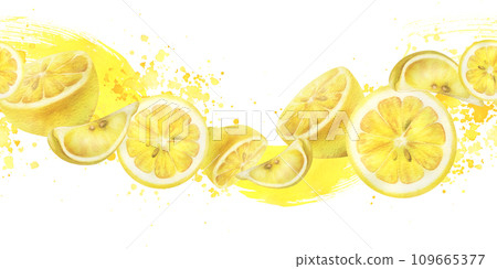Lemons are yellow, juicy, ripe slices with splashes juice. Watercolor, hand drawn botanical illustration. Seamless board long horizontal garland on a white background. Lemons are yellow, juicy, ripe slices with splashes juice. Watercolor, hand drawn botanical illustration. Seamless board long horizontal garland on a white background. 109665377