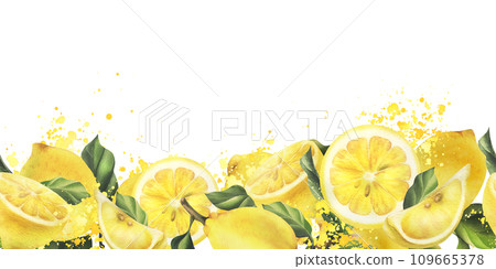 Lemons are yellow, juicy, ripe with green leaves, whole and slices. Watercolor, hand drawn botanical illustration. Seamless border horizontal pattern on a white background. 109665378