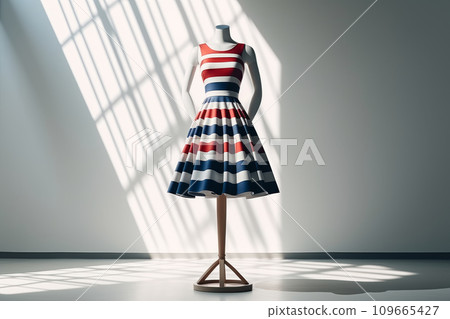 Dress design in colors of the American flag. Elegant holiday dress on mannequin. Patriotic outfit. Independence Day. 109665427