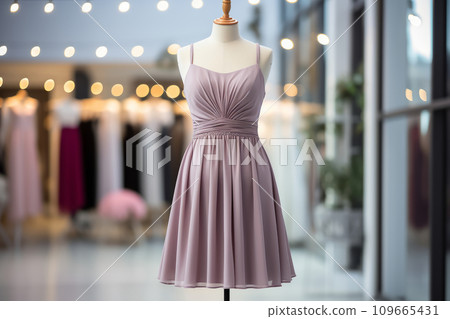 Elegant women's lilac midi dress on a mannequin, shopping center showcase. Festive evening or cocktail attire Elegant women's lilac midi dress on a mannequin, shopping center showcase. Festive evening or cocktail attire 109665431