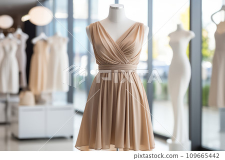 Elegant women's midi dress in neutral color on a mannequin, shopping center display. Festive evening or cocktail attire 109665442