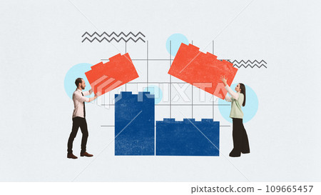 Young man and woman, colleagues connecting puzzles symbolizing teamwork, assistance and common project work. Contemporary art collage. 109665457