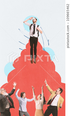 Promotion. Young man reaching success, getting new position in company, colleagues feeling happy. Assistance. Contemporary art collage. Promotion. Young man reaching success, getting new position in company, colleagues feeling happy. Assistance. Contemporary art collage. 109665462
