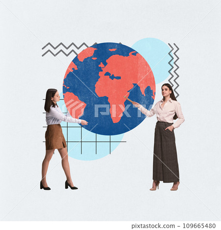 Women, colleagues showing world map symbolizing worldwide business, partnership and cooperation. Contemporary art collage. 109665480
