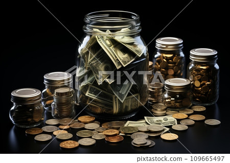 glass jar is piggy bank for money. Save secure financial future and achieve your financial goals glass jar is piggy bank for money. Save secure financial future and achieve your financial goals 109665497