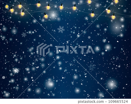 Snowy night with light garlands, falling snow, snowflakes. Winter and new year holidays. Christmas Snowy night with light garlands, falling snow, snowflakes. Winter and new year holidays. Christmas 109665524