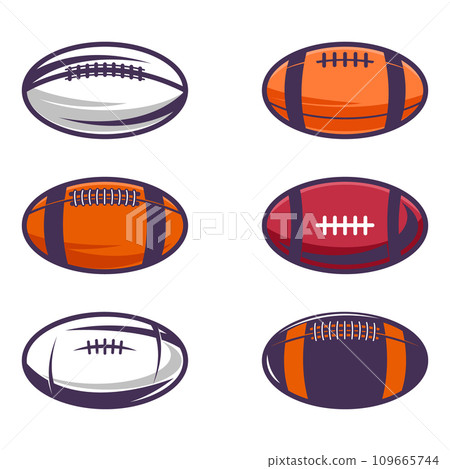 Set of Illustrations of rugby balls in vintage monochrome style. Design element for logo, label, sign, emblem, poster. Vector illustration 109665744