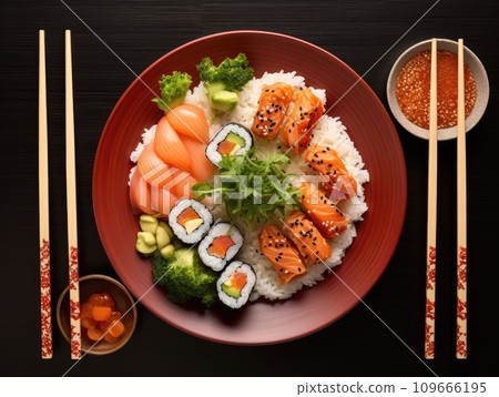 AI-generated content. Exquisite Japanese sushi set served on a traditional red plate, ideal for culinary presentations. 109666195