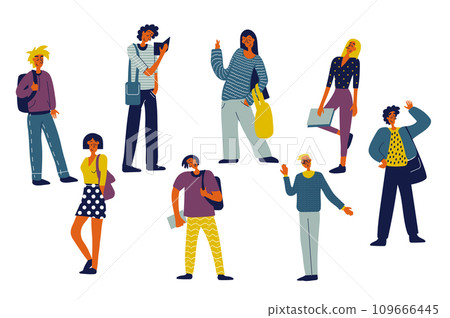 Students people set in flat character design for web. Bundle persons of different young women and men with bags and backpacks studying in university, standing and reading books. Vector illustration. 109666445