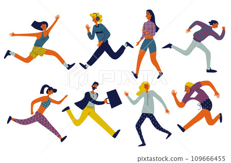 People running set in flat character design for web. Bundle persons of different women and men run fast, hurrying and rushing forward, jogging and doing training for marathon. Vector illustration. 109666455
