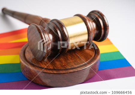 Gavel for judge lawyer on rainbow flag, symbol of LGBT pride month celebrate annual in June social of gay, lesbian, bisexual, transgender, human rights. 109666456