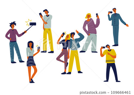 People with mobile phones set in flat character design for web. Bundle persons of different women and men work using smartphones, doing selfies, shooting photos, chatting online. Vector illustration. People with mobile phones set in flat character design for web. Bundle persons of different women and men work using smartphones, doing selfies, shooting photos, chatting online. Vector illustration. 109666461