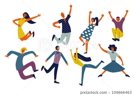 People jumping set in flat character design for web. Bundle persons of different excited women and men jumping and celebrating success and victory, having positive energetic. Vector illustration. People jumping set in flat character design for web. Bundle persons of different excited women and men jumping and celebrating success and victory, having positive energetic. Vector illustration. 109666463