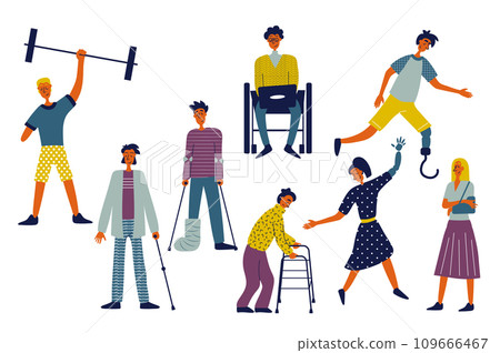 Disability people set in flat character design for web. Bundle persons of different disabled women and men with in wheelchair, prosthesis and amputations have active lifestyle. Vector illustration. Disability people set in flat character design for web. Bundle persons of different disabled women and men with in wheelchair, prosthesis and amputations have active lifestyle. Vector illustration. 109666467