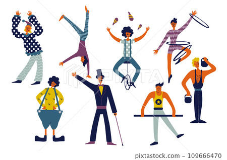 Circus performers people set in flat character design for web. Bundle persons of artist clowns, different acrobats and jugglers, female gymnast, comedians and illusionists. Vector illustration. Circus performers people set in flat character design for web. Bundle persons of artist clowns, different acrobats and jugglers, female gymnast, comedians and illusionists. Vector illustration. 109666470