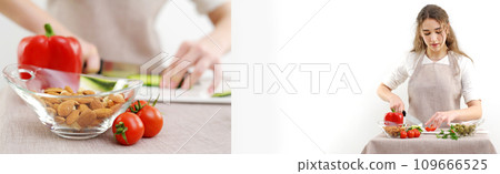 young beautiful teenage girl stirs diligently salad she leaned over bowl little smiling green lettuce leaves tablecloth beige color restaurant food cooking show delicious breakfast salad for lunch 109666525