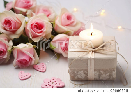 Gift box, pink roses decor, and lit candle, greeting card 109666526