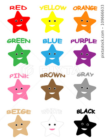 Learning primary colors for preschoolers. Card with red, green, orange, blue, yellow, black, white, brown, beige, pink flowers. 109666633