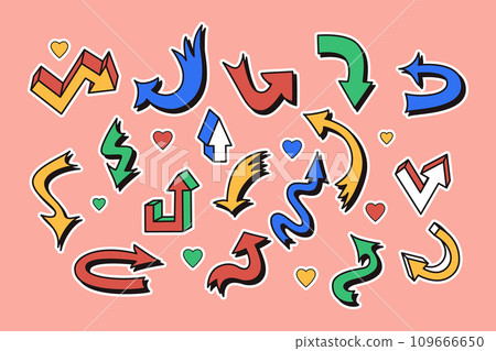 Vintage 90s style sticker set of different arrows. Retro hand drawn elements in street style graffiti and 2000s style. Good for stickers, decoration. 109666650