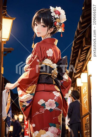 A woman wearing a furisode for the coming-of-age ceremony A woman wearing a furisode for the coming-of-age ceremony 109666857