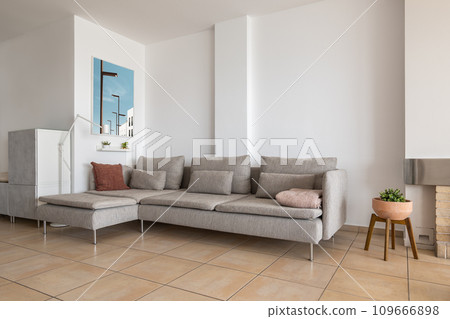 Corner sofa with cushions and picture in smart apartment Corner sofa with cushions and picture in smart apartment 109666898