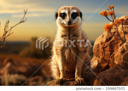 Meerkat on guard in the prairie. Generative AI 109667035