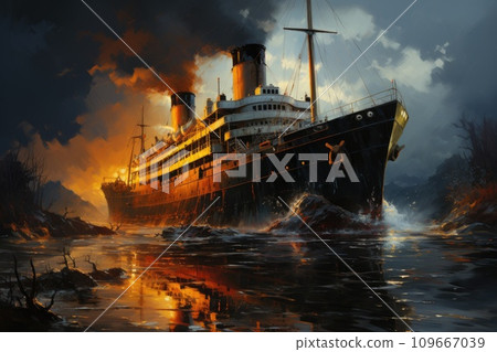 Ancient ship in ocean with smoke. Generative AI 109667039