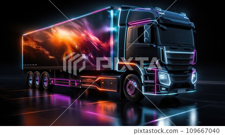 Truck with futuristic holographic display and neon lights. Freight shipping international industry. Generative AI 109667040