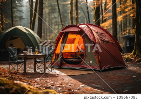 Camping picnic tent campground in outdoor hiking forest. Generative AI Camping picnic tent campground in outdoor hiking forest. Generative AI 109667085