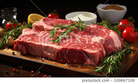 Raw meat, veal ossobuco, on a wooden cutting board. Generative AI 109667100