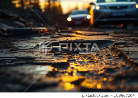 There are many potholes on the roadway close-up. Generative AI 109667204
