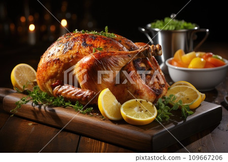 Christmas or thanksgiving turkey on table. Generative AI 109667206