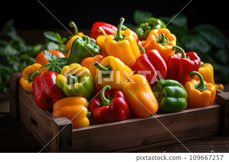 Ripe peppers in a wooden box. Generative AI 109667257