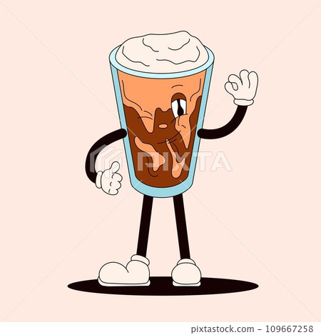 Groovy drink smile character in shape of Iced cold brew coffee. Mascot in cartoon style. Vector illustration isolated on a peach background. 109667258