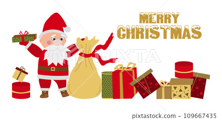 Santa Claus template a festive banner, flyer. Santa Claus with gift boxes. Vector illustration. Santa Claus template a festive banner, flyer. Santa Claus with gift boxes. Vector illustration. 109667435