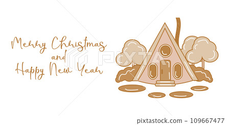 Gingerbread house a winter holiday card template. Fabulous forest house. Poster web design Vector illustration. Gingerbread house a winter holiday card template. Fabulous forest house. Poster web design Vector illustration. 109667477