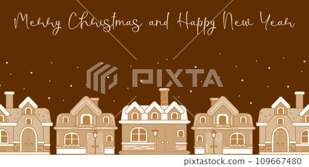 Gingerbread house a winter holiday card template. Houses on a dark brown snow background. Poster web design Vector illustration. Gingerbread house a winter holiday card template. Houses on a dark brown snow background. Poster web design Vector illustration. 109667480