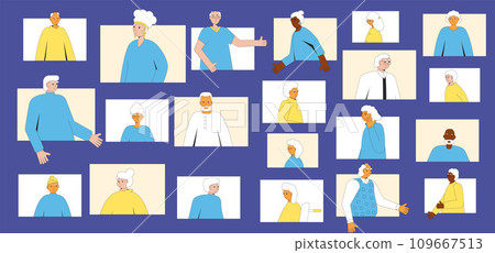 Retirement community helps for dealing with loneliness and boredom. Elderly people communication. 109667513