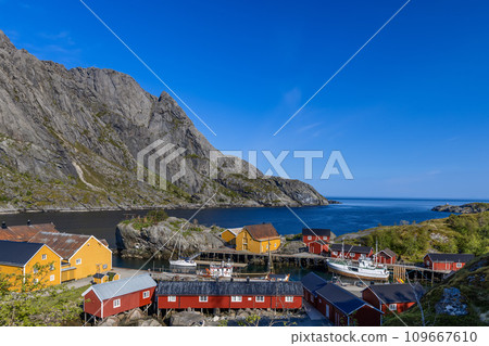 Nusfjord fishing village in Lofoten, Norway with red and yellow Rorbu cabins, tranquil waters 109667610